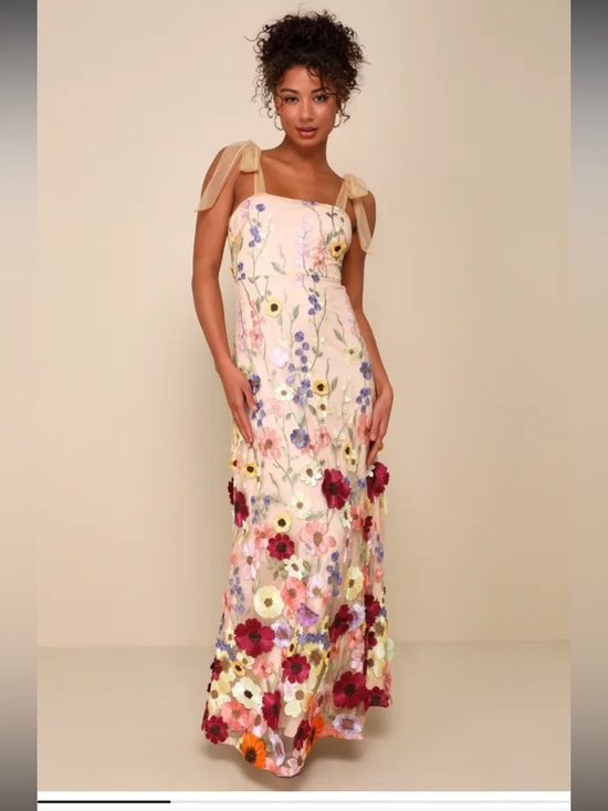 Lulus Dresses & Skirts - NWT Lulus Thriving Poise Blush 3D Floral Embroidered Tie-Strap Maxi Dress Small